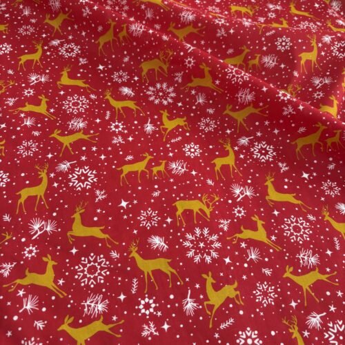 Dancing Deer - Red - Polycotton